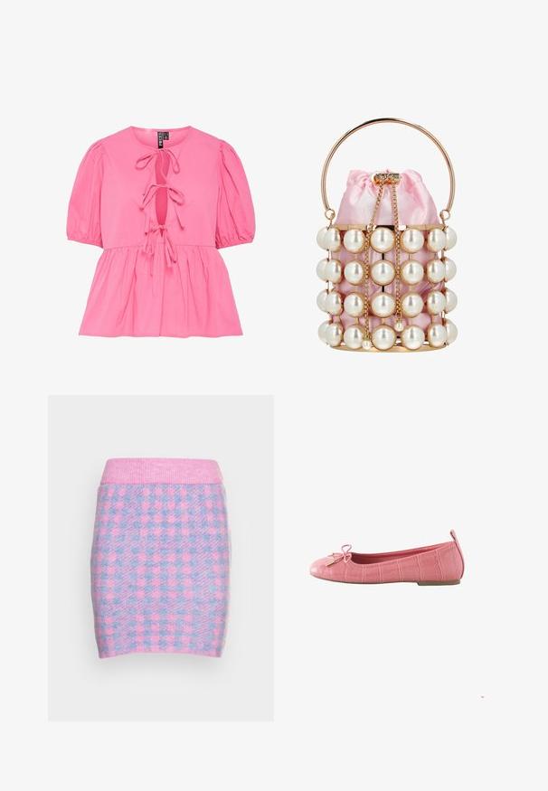Lyserød bomuldsbluse med pufærmer, en nøglehul-udskæring med bindebånd og en samlet peplum-hulm. Glat tekstur og afslappet design.; VILA VICHEKINA SHORT SKIRT - Mini skirts - kentucky bluechecks; Pink flad sko med krokodillemønster, rundet tå, sløjfedetalje foran og en lille hæl. Glat indvendig foring.; Lille lyserød satin spandtaske med guldfarvet ramme, store falske perler, guldkæde snørebånd og rundt guldhåndtag.