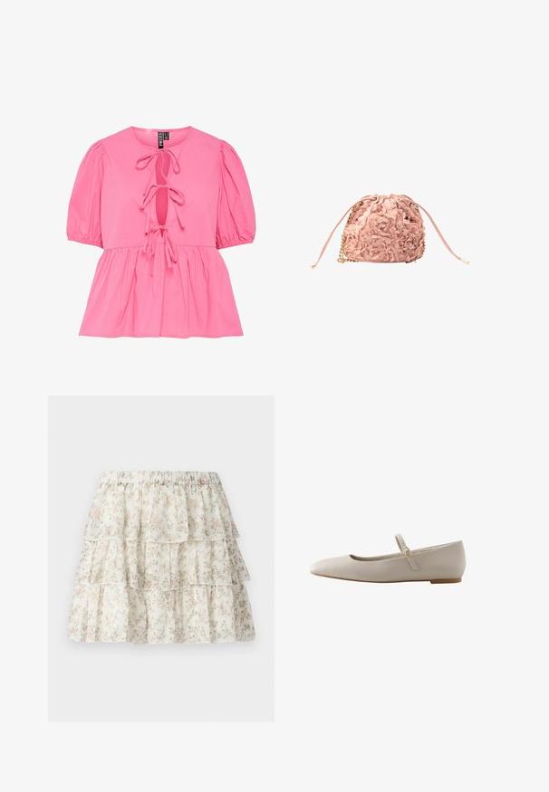 Lyserød bomuldsbluse med pufærmer, en nøglehul-udskæring med bindebånd og en samlet peplum-hulm. Glat tekstur og afslappet design.; Hvid nederdel med et lagdelt, bølget design. Udstyret med et delikat blomster mønster i pink og grøn. Elastisk talje for komfort.; Flad sko i cremefarve med spids tå og tynd justerbar rem med guldbeslag over vristen, set fra siden.; Lyserød snøreremstaske med teksturerede blomsterapplikationer og gyldne kædeaccents på hvid baggrund.