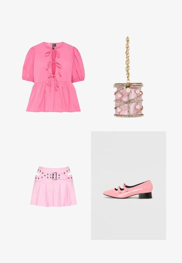 Lyserød bomuldsbluse med pufærmer, en nøglehul-udskæring med bindebånd og en samlet peplum-hulm. Glat tekstur og afslappet design.; Pink plisseret mini nederdel med bred dobbeltlagret linning, sølvspænde og flere nitter til fastgørelse og dekoration.; Rosa patenteret lædersko med spids tå og to dekorative remme. Har en sort lav blokhæl og en glat overfladetekstur.; Lyserød satin cylindrisk håndtaske pyntet med rhinstenspiraler og perler, med en guldkæde strop og rhinstenbesat topkant.