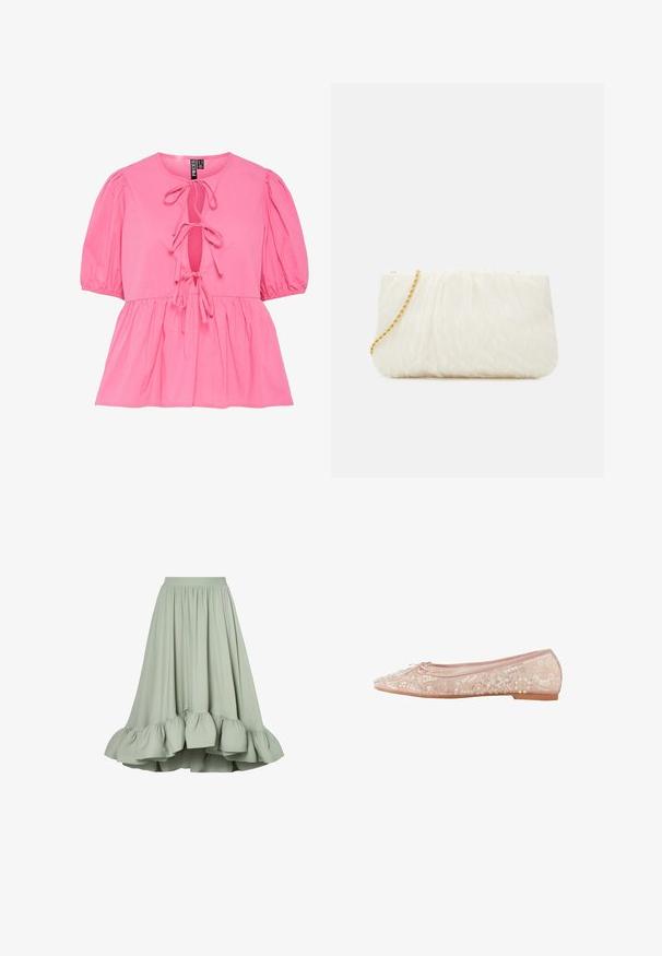 Lyserød bomuldsbluse med pufærmer, en nøglehul-udskæring med bindebånd og en samlet peplum-hulm. Glat tekstur og afslappet design.; Myntegrøn, knælang nederdel lavet af blødt stof med en samlet talje og en flæsekant, der har et bølgende design og en glat tekstur.; Lyserød satin balletflat med blomsterformede palietter og perleperler samt en lille sløjfe på den afrundede tå.; Hvid tekstureret clutchtaske med en samlet design, der har en guld kædestrop. Glat finish med subtile bølger og afrundede kanter.