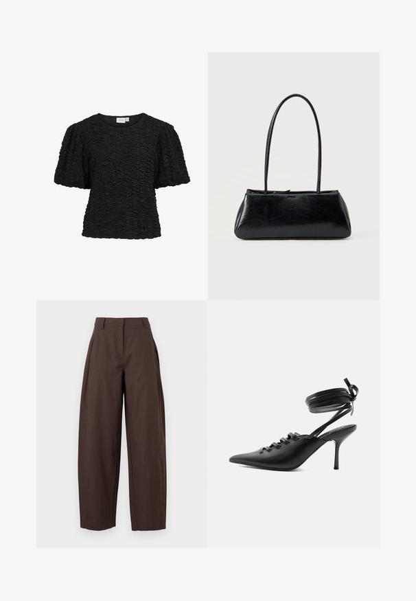 Sort kortærmet top med en tekstureret, rynket design. Rund halsudskæring og løs pasform. Stoffet ser blødt og lidt strækbart ud.; Brune bukser med høj talje og vide ben, med bæltestropper, sidelommer og frontlukning med lynlås og knap.; Sort spids sko med høje hæle, snørelukning foran og omlægning omkring anklerne bundet med sløjfe, vist fra siden på hvid baggrund.; Sort rektangulær skuldertaske med lange tynde stropper og en glat, blank tekstur på en ensfarvet baggrund.
