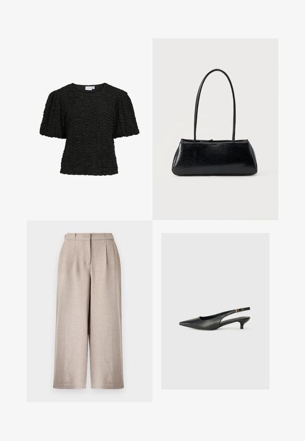 Top negro de manga corta con un diseño texturizado y fruncido. Cuello redondo y estilo holgado. La tela parece suave y ligeramente elástica.; Pantalones beige de talle alto y pierna ancha con pliegues delanteros, cierre de botón y trabillas para cinturón sobre un fondo blanco.; Zapato de tacón slingback negro de punta afilada, hecho de cuero suave. Presenta un tacón delgado y un detalle de hebilla en la correa ajustable.; Bolso de hombro rectangular negro con correas largas y delgadas y una textura lisa y brillante sobre un fondo liso.