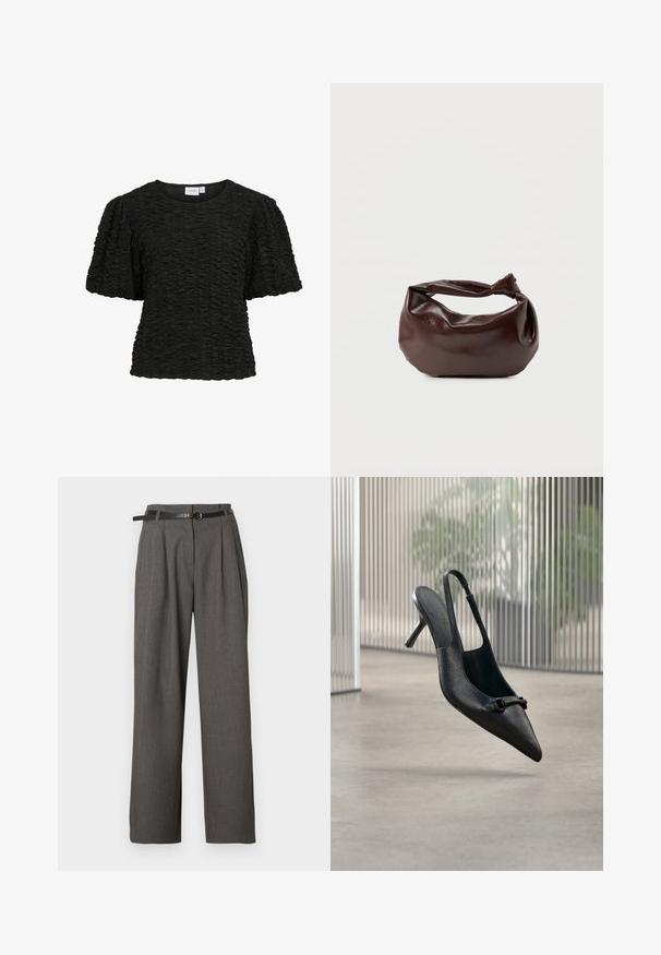 Schwarzes, kurzärmliges Oberteil mit einem strukturierten, gerafften Design. Rundhalsausschnitt und lockerer Schnitt. Der Stoff wirkt weich und leicht dehnbar.; Graue Hose mit hohem Bund, Falten und Seitentaschen, kombiniert mit einem dünnen schwarzen Gürtel mit einer runden goldenen Schnalle.; Schwarzer, strukturierter Leder-Slingback-Hochschuh mit spitzer Spitze und einer kleinen dekorativen Schnalle, der über einem glatten Boden zu schweben scheint.; Dunkelbraune Lederschultertasche mit weicher, lockerer Form und einem gedrehten Knotengriff vor schlichtem weißem Hintergrund.