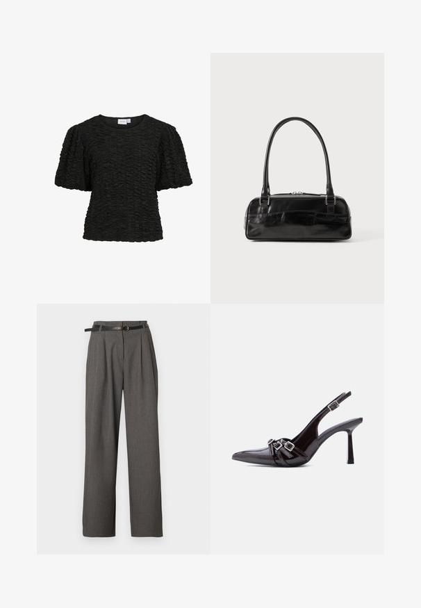 Sort kortærmet top med en tekstureret, rynket design. Rund halsudskæring og løs pasform. Stoffet ser blødt og lidt strækbart ud.; Grå bukser med høj talje, plissering og sidelommer, stylet med et tyndt sort bælte med en rund guldlås.; Sort slingback højhælet sko i laklæder med spids tå og tre dekorative spænder over vristen.; Sort læderhåndtaske med rektangulær form, der har et enkelt struktureret håndtag, sølvhardware og lynlås-lukning. Glat tekstur.