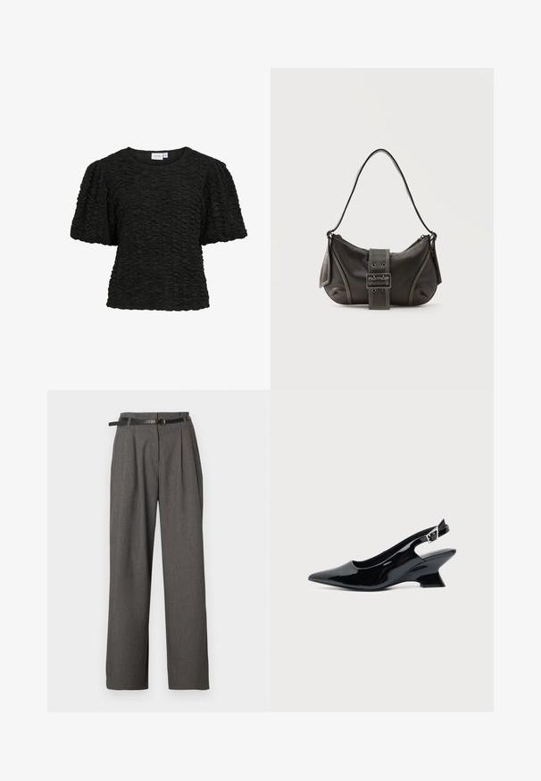 Zwart kortemouwen top met een textuur en geplooide design. Ronde halslijn en een losse pasvorm. De stof lijkt zacht en licht rekbaar.; Grijze pantalon met hoge taille, plooien en zijzakken, gestyled met een dunne zwarte riem met een ronde gouden gesp.; Zwarte lakleren slingback schoen met spitse neus en lage schuine blokhak op een effen lichte achtergrond.; Zwarte leren schoudertas met gespsluiting aan de riem, afgeronde hoeken en contrasterende witte stiksels op een effen achtergrond.