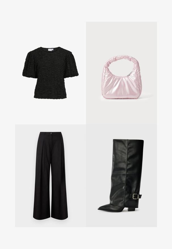 Haut noir à manches courtes avec un design texturé et froncé. Col rond et coupe ample. Le tissu semble doux et légèrement extensible.; Pantalon noir à jambes larges avec plis devant, ceinture, fermeture par bouton et fermeture éclair dissimulée.; Bottes noires en cuir longueur cheville avec un bout pointu, texture lisse et une accent en boucle argentée sur le côté. Talon carré épais.; Sac à main rose rembourré avec un design arrondi, fabriqué à partir d'un matériau brillant. Dispose d'une poignée froncée et d'une fermeture éclair pour un accès sécurisé.