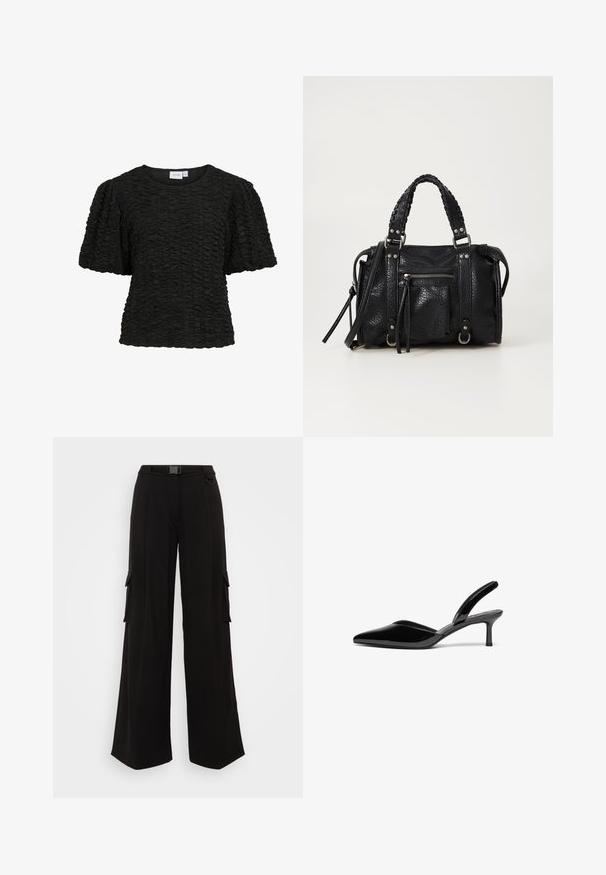 Haut noir à manches courtes avec un design texturé et froncé. Col rond et coupe ample. Le tissu semble doux et légèrement extensible.; Pantalons cargo larges noirs avec poches latérales, tissu texturé, taille ajustée et ceinture pour un ajustement réglable. Design épuré et moderne.; Escarpins à talon aiguille en cuir verni noir, avec un bout pointu, un talon aiguille bas et un design élégant et simple sans embellissements.; Sac à main en simili cuir noir texturé avec des anses tressées, des accents en métal argenté et une poche zippée à l'avant. Design compact avec une bandoulière amovible.