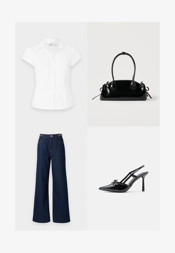 Blouse blanche à manches courtes avec un col, dotée d'une coupe ajustée et de deux rangées de boutons sur le devant. Texture en coton lisse.; Des jeans en denim bleu marine à jambes larges présentent une taille haute, des accents en chaîne dorée à la taille, et des détails de couture contrastants tout au long.; Chaussure slingback à talon haut en cuir verni noir, avec bout pointu, talon fin et double brides décoratives sur le cou-de-pied.; Petit sac à main noir brillant avec deux longues anses et des détails à cordon sur les côtés sur un fond clair uni.