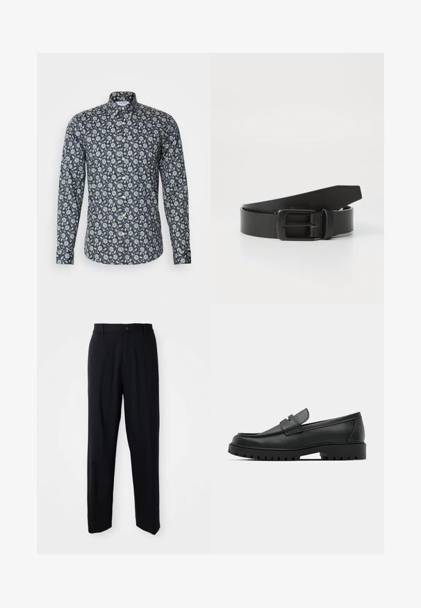 Langsleeve button-up shirt in marineblauw met een bloemenpatroon in groen en wit. Beschikt over een klassieke kraag en een gladde stofstructuur.; Zwarte rechte broek met riemlussen, knoopsluiting en een strakke, minimalistische uitstraling op een neutrale achtergrond.; Zwarte leren instappers met een ronde neus, voorzien van een gestikt ontwerp, een lage platformzool en een gestructureerde, grof rubberen buitenzool.; Zwarte leren riem met een matte zwarte metalen gesp, met een gladde textuur en eenvoudig ontwerp. Verstelbare lengte met een taps toelopend uiteinde.