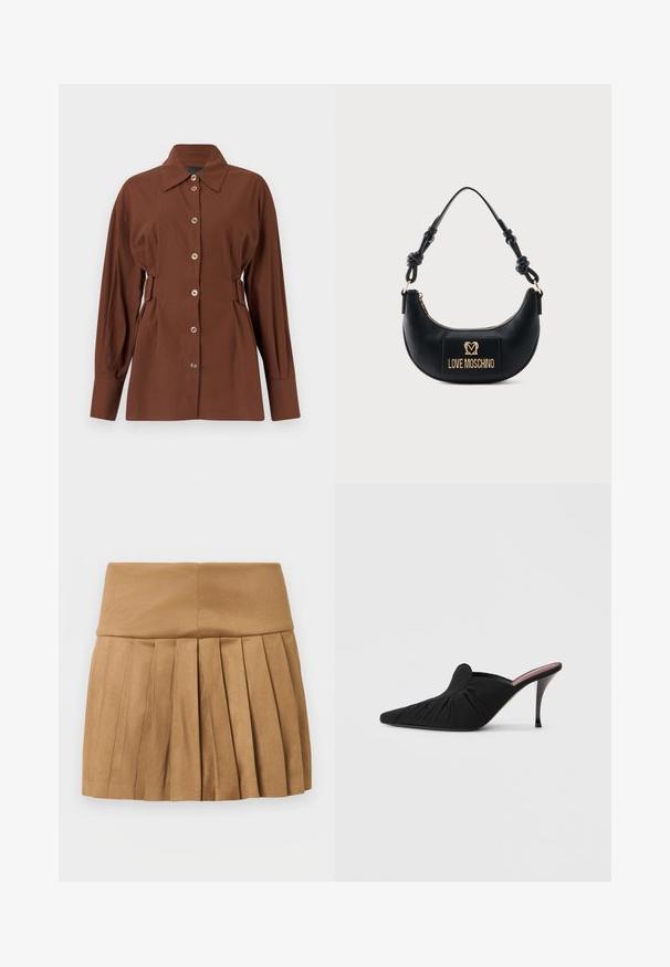 Chemise marron à manches longues avec boutons sur le devant, col large et détails de boucles latérales réglables, présentée sur un fond uni.; Jupe plissée beige en tissu lisse légèrement brillant. Dotée d'une taille haute et de plusieurs plis verticaux le long de l'ourlet.; Mule noir à talon haut avec bout pointu, tissu doux à texture froncée sur le devant et talon aiguille fin.; Sac à main noir demi-lune avec poignée nouée et plaque logo dorée "Love Moschino" sur le devant, fermeture éclair en haut.