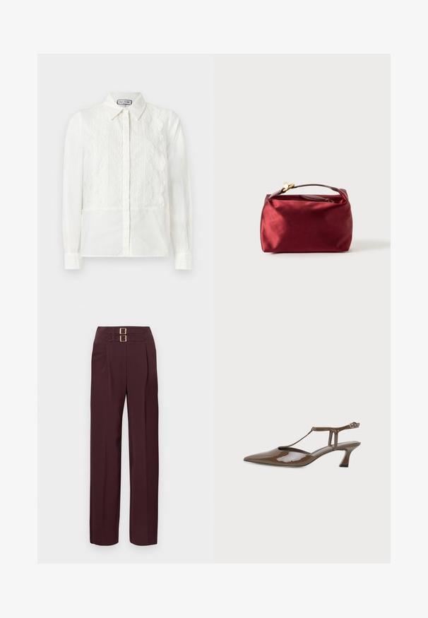 Blouse blanche à manches longues avec panneaux avant en dentelle, bords festonnés, fermeture à boutons et col pointu, présentée sur un fond uni.; Pantalon taille haute de couleur bordeaux foncé avec deux sangles à boucle dorée en haut et une coupe droite.; Chaussure slingback en cuir verni marron, bout pointu, petit talon kitten, fine bride en T et fermeture à boucle à la cheville.; Trousse de maquillage en satin bourgogne de forme rectangulaire, avec fermeture éclair et une poignée courte. Présente un design minimaliste et une texture lisse.