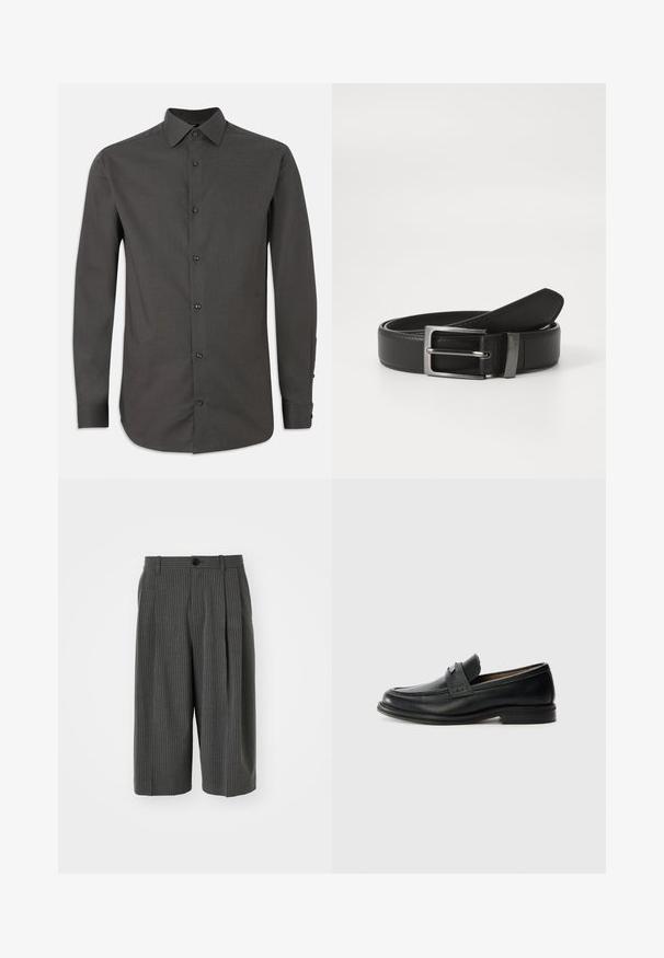 Donkergrijs lange mouwen overhemd met knopen en een gestructureerde kraag, voor knopen en verstelbare manchetten. Soepele stoftextuur en slim fit.; Grijze pinstriped wijde shorts met een knoopsluiting en geplooide voorkant. Gemaakt van een textiel met structuur, en heeft een tailored ontwerp.; Zwarte lederen instappers met een gladde afwerking, voorzien van een gestructureerde bovenband, lage hak en minimale stiksel-details.; Zwarte leren riem met een zilveren metalen gesp, met een gladde afwerking en een klassiek ontwerp. De riem is netjes opgevouwen.