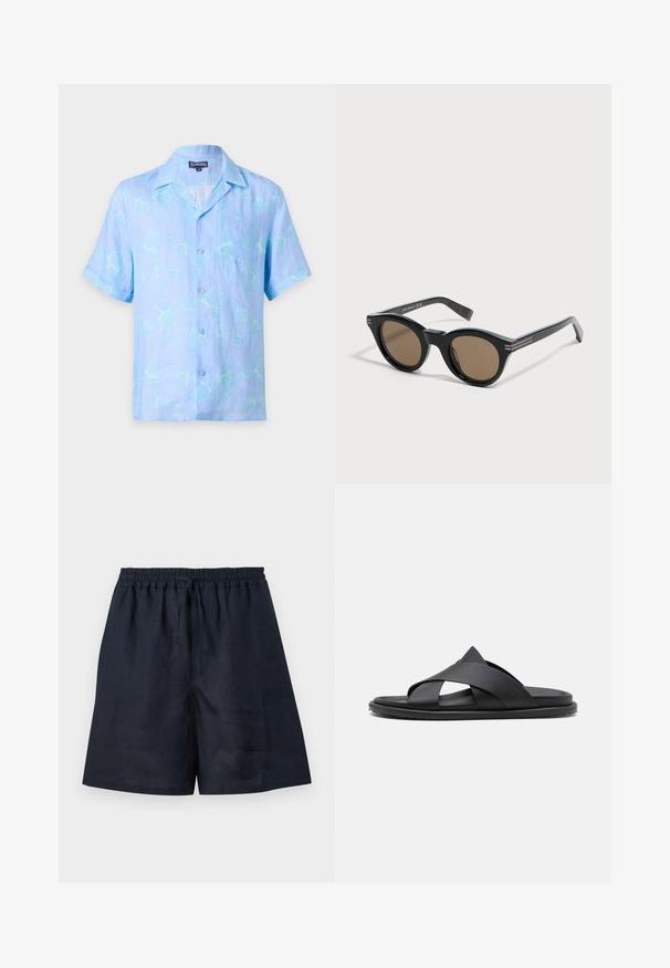 Chemise bleu clair à manches courtes avec boutons, col et motif subtil de tortue, poche poitrine avant, étiquetée "Vilebrequin" taille moyenne.; Shorts bleu marine décontractés avec taille élastique et cordon, tissu léger, longueur genou et coupe droite.; Stuart Weitzman BERKLEY - Mules - black; Lunettes de soleil rondes noires avec des montures épaisses et des verres marron, posées sur une surface blanche légèrement inclinée vers la droite.
