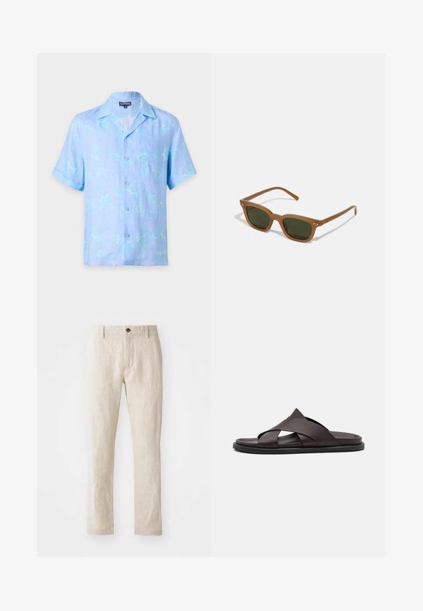 Chemise bleu clair à manches courtes avec boutons, col et motif subtil de tortue, poche poitrine avant, étiquetée "Vilebrequin" taille moyenne.; Pantalons en lin beige à coupe slim, dotés d'une fermeture à un seul bouton marron, de jambes droites et d'une finition en tissu texturé.; Stuart Weitzman BERKLEY - Mules - espresso; Lunettes de soleil en acétate marron avec des verres vert foncé, de forme rectangulaire et des accents dorés sur les branches. Texture lisse, design minimaliste.