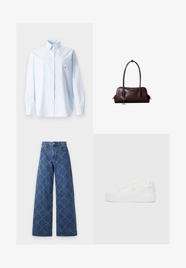 Hellblau gestreiftes Langarmhemd mit Button-Down-Kragen, einer einzelnen Brusttasche und einem kleinen Logo-Patch auf der Tasche. Aus Baumwollmaterial.; Weit geschnittene Jeans aus dunkelblauem Denim mit Diamantmuster, kontrastierenden Nähten und einem Knopfverschluss an der Taille.; Weiße Plattform-Sneaker mit einem glatten Leder-Obermaterial, abgerundetem Zehenbereich, weißen Schnürsenkeln und dezentem Logo-Detail an der Seite. Flache Gummisohle.; Dunkelbraune Lederhandtasche von Calvin Klein mit langen doppelten Griffen und einem kleinen Logoanhänger, der an einem Griff hängt.