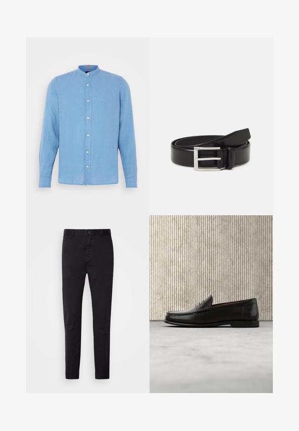 Himmelblaues Langarmhemd mit Stehkragen, Knopfleiste vorne und kleinen weißen Knöpfen; aus einem glatten, strukturierten Stoff gefertigt.; Schwarze Chinos mit glatter Textur, Knopfverschluss und tailliertem Design. Ideal für legere oder semi-formelle Anlässe.; Schwarzer Pennyloafer aus Leder mit niedrigem Absatz, abgerundeter Spitze und genähten Details vorne und an den Seiten, gezeigt vor neutralem Hintergrund.; Schwarzer Leder-Gürtel mit glänzender Oberfläche; ausgestattet mit einer silbernen Metallschnalle im rechteckigen Rahmendesign und glatten Kanten.