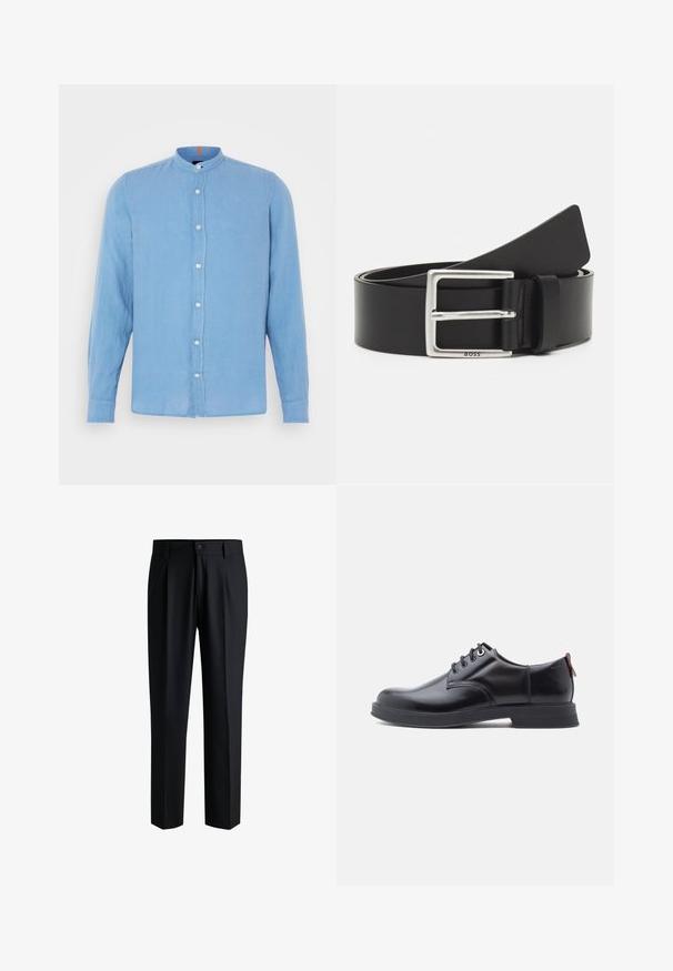 Chemise à manches longues bleu clair avec un col chinois, fermeture à boutons sur le devant et petits boutons blancs ; fabriquée dans un tissu lisse et texturé.; Pantalons noirs en tissu lisse, avec une coupe droite, des plis à l'avant et une fermeture à bouton avec passants de ceinture.; Chaussures en cuir noir à lacets avec une texture lisse, un bout arrondi et des détails de couture discrets. Présentent une languette rouge à l'arrière.; Ceinture en cuir noir avec une boucle rectangulaire en argent, dotée d'un logo discret et d'une texture lisse. Les extrémités se terminent en rondeur.