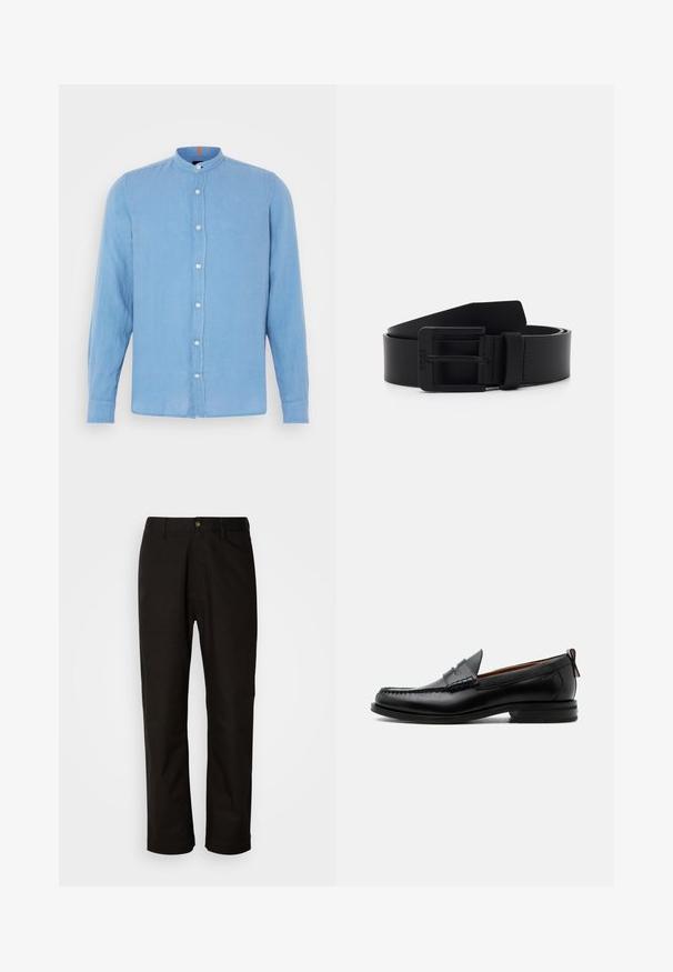 Chemise à manches longues bleu clair avec un col chinois, fermeture à boutons sur le devant et petits boutons blancs ; fabriquée dans un tissu lisse et texturé.; Pantalon en coton noir avec une coupe droite, des passants de ceinture, une fermeture éclair à l'avant et un seul bouton. Texture lisse sans motifs visibles.; Mocassin homme en cuir noir avec couture moc toe, bride penny, col texturé et petit talon empilé sur fond blanc.; Ceinture en cuir noir à finition mate, présentant une boucle en métal rectangulaire et une texture lisse. Design simple sans motifs ni accents.