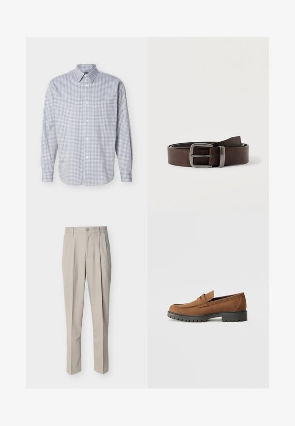 Chemise à manches longues à carreaux gris clair et blanc avec col et une poche poitrine, présentée à plat sur fond blanc.; Pantalon beige pour hommes, coupe ajustée, avec plis devant, passants pour ceinture, fermeture à bouton, et coupe droite, présenté sur fond blanc.; Mocassins en daim marron avec un bout arrondi et une semelle noire en caoutchouc basse, présentant une sangle décorative et des détails de couture sur le dessus.; Ceinture en cuir marron foncé avec une boucle rectangulaire en argent, enroulée et placée sur un fond clair et neutre.