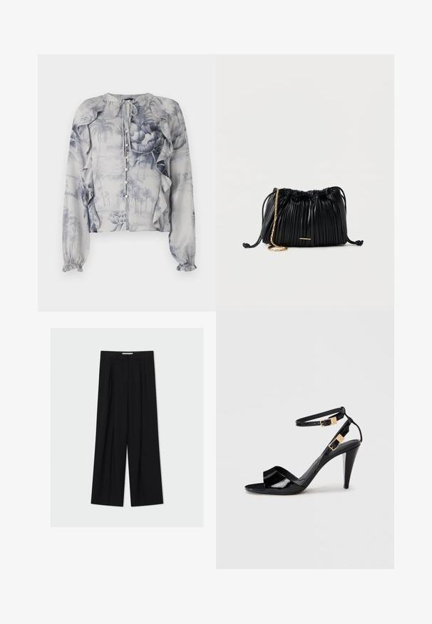 Blouse légère avec un imprimé floral et paysage bleu. Volants au niveau des épaules et fermeture à boutons à l'avant. Manches longues avec des poignets élastiques.; Pantalon noir taille haute à jambes larges avec passants de ceinture et plis devant, présenté sur un fond gris clair.; Sandale à talon haut en cuir verni noir avec double bride de cheville et boucles dorées, bout ouvert, et talon effilé sur fond neutre.; Sac à main en cuir noir plissé avec cordon de serrage, bandoulière chaîne dorée et petit accent horizontal doré sur le devant.