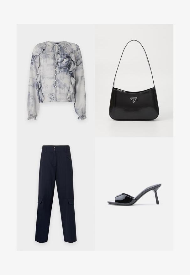 Blouse légère avec un imprimé floral et paysage bleu. Volants au niveau des épaules et fermeture à boutons à l'avant. Manches longues avec des poignets élastiques.; Pantalons cargo de la marine, fabriqués en matériau tissé, comprenant deux poches latérales, une fermeture à bouton et un design à jambe droite.; Sandales à talons ouverts en cuir verni noir, avec un design supérieur incurvé et un talon aiguille effilé. Finition lisse et brillante.; Sac à épaule en cuir verni noir avec une forme incurvée, présentant un logo triangle en argent et une fermeture éclair. Texture lisse et bandoulière fine.