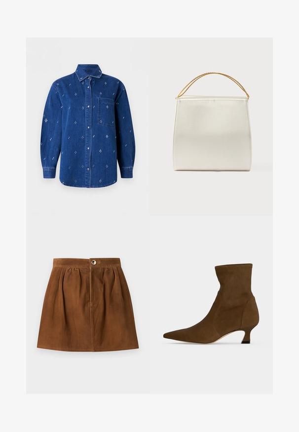 Chemise en denim bleu à boutons, manches longues, col, poche poitrine et petit motif brodé en forme de croix blanche réparti sur toute la surface.; Jupe patineuse en daim marron avec des plis, bouton sur le devant et fermeture éclair dissimulée, présentée à plat sur un fond gris clair.; Bottine marron à la cheville avec un bout pointu et un petit talon bas, fabriquée en matériau lisse, présentée sur un fond uni.; Sac à main structuré en finition satinée, de couleur crème, avec une bandoulière chaîne. Présente une texture plate et lisse ainsi que des coutures nettes.