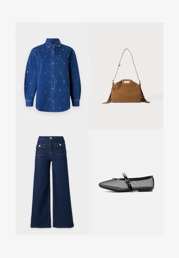 Chemise en denim bleu à boutons, manches longues, col, poche poitrine et petit motif brodé en forme de croix blanche réparti sur toute la surface.; Jeans en denim bleu foncé à jambes larges, taille haute et deux poches avant à rabat avec boutons.; Chaussure plate Mary Jane en mesh noir avec bride brillante et boucle dorée en forme de cœur, petit talon et bout arrondi sur fond uni.; Sac à main en daim marron avec poignée découpée en haut, longue bandoulière réglable et franges de chaque côté.