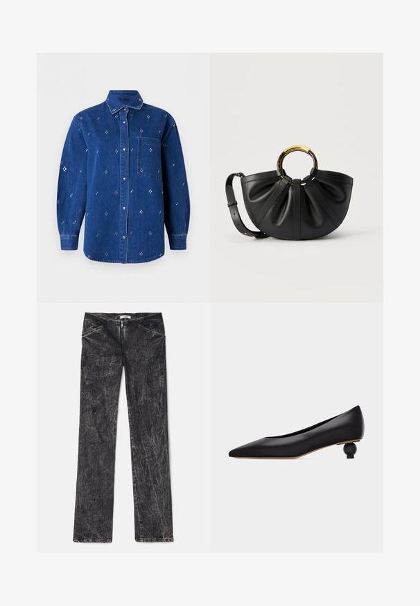 Chemise en denim bleu à boutons, manches longues, col, poche poitrine et petit motif brodé en forme de croix blanche réparti sur toute la surface.; Pantalon en denim noir au texture usée, avec des poches avant, une fermeture éclair et un design à jambes droites.; Chaussure noire à bout pointu avec un talon bas unique sculpté en forme ronde et une tige en cuir lisse, vue de profil sur un fond blanc.; Sac à main en cuir noir avec plis, poignée circulaire en or et écaille de tortue, et bandoulière réglable sur fond blanc.