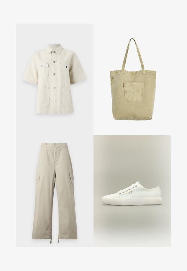 Kortærmet skjorte i lys beige stof, med spidse kraver, frontknapper, to brystlommer og et lille logomærke på venstre side.; Lys beige cargo bukser med en afslappet pasform, der har knaplukning, sidelommer og justerbar kant med snore. Glat stoftekstur.; Hvid lavtopet lærreds-sneaker med tekstureret gummisål, hvide snørebånd og lille Calvin Klein-mærke på siden.; Beige lærredstaske med to håndtag og en lille forlommer med synligt syddesign og rød mærkat.