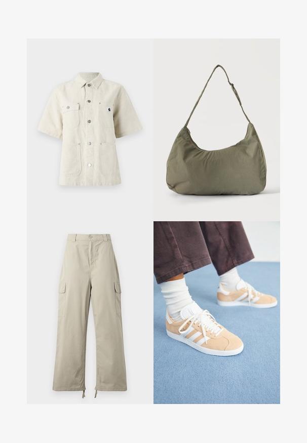 Camisa de manga corta en tejido beige claro, con cuello de punta, botones en el frente, dos bolsillos en el pecho y un pequeño parche con el logo a la izquierda.; Pantalones cargo de color beige claro con un ajuste relajado, que cuentan con cierre de botón, bolsillos laterales y dobladillo ajustable con cordones. Textura de tela suave.; Zapatillas de ante beige con acentos blancos, que presentan tres rayas, punta redonda y suela texturizada; combinadas con calcetines blancos de caña corta.; Bolso de hombro de tela suave color verde oliva con cierre de cremallera y correa ajustable sobre un fondo liso y claro.
