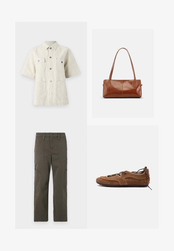 Kortærmet skjorte i lys beige stof, med spidse kraver, frontknapper, to brystlommer og et lille logomærke på venstre side.; Good American CROPPED PANTS - Cargobukser - fatigue; Brun flad ruskindssko med snøredesign og gummisål, vist fra siden på en lys baggrund.; Rektangulær brun læderhåndtaske med to lange skulderremme, glat blank finish og minimalistisk design på en ensfarvet baggrund.