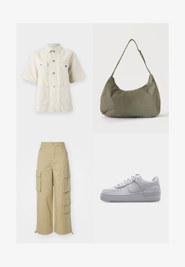 Korte mouwen shirt van lichtbeige stof, met een puntige kraag, knopen aan de voorkant, twee borstzakken en een klein logo op de linkerzijde.; Beige cargobroek met wijde benen, twee grote zijzakken, voorzakken en een koorddetail bij de zoom. Gemaakt van een katoenmix.; Grijze Nike Air Force 1 sneaker met geperforeerde neus, glad leren bovenwerk, dikke zool en verhoogde 'AIR' details op de hiel.; Schoudertas van zacht olijfgroen stof met ritssluiting en verstelbare band op een effen lichte achtergrond.
