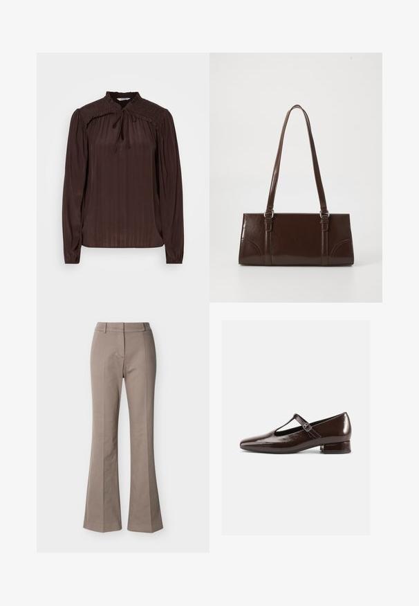 Blouse marron à manches longues avec un décolleté en forme de trou de serrure, texture plissée, épaules smockées et poignets froncés. Tissu léger et fluide.; Pantalon beige taille haute à jambes larges, avec détails de couture à l'avant, passants de ceinture et fermeture frontale cachée, présenté sur un fond blanc.; Chaussures Mary Jane en cuir verni marron avec un bout arrondi, un design ajouré et une bride réglable. Talon bas bloc.; Sac à main en cuir verni marron de forme rectangulaire, avec deux longues poignées et des accents courbés subtils à l'avant.