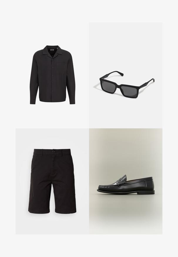 Sort langærmet skjorte med knaplukning foran, flad krave, enkelt brystlomme og glat tekstur. Designet er enkelt og klassisk.; Sorte shorts lavet af et letvægtsstof, med knaplukning foran, bæltesløjfer, sidelommer og lige snit med omslag på kanterne.; Sort læder herresko med moc-toe-design, penny-rem og lav hæl på en neutral baggrund.; Sorte solbriller med rektangulære linser, mat finish, tykke stel og slanke arme med en subtil brandingdetalje.