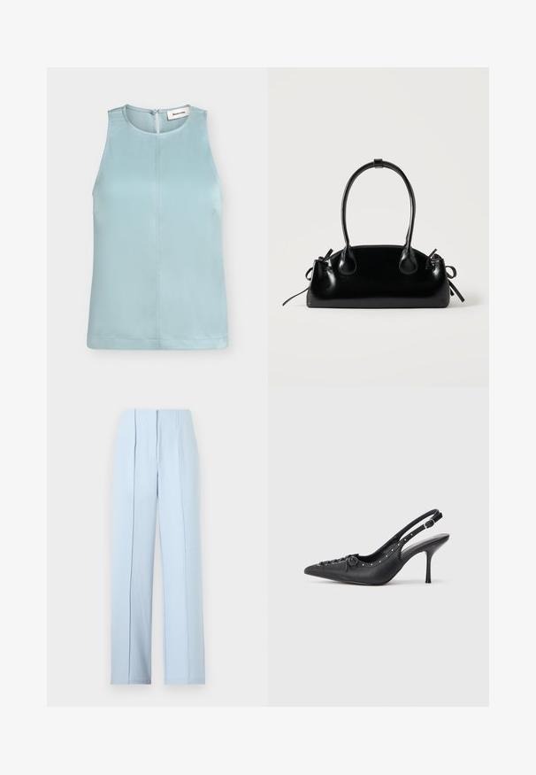 Blouse bleu clair sans manches avec col rond et fermeture boutonnée à l'arrière, avec une couture centrale à l'avant.; Pantalon large taille haute bleu clair avec plis devant et fermeture à glissière cachée sur un fond uni.; Escarpin en cuir noir à talon aiguille avec un bout pointu, une bride latérale à boucle, des clous le long du bord et un laçage décoratif à l'avant.; Petit sac à main noir brillant avec deux longues anses et des détails à cordon sur les côtés sur un fond clair uni.