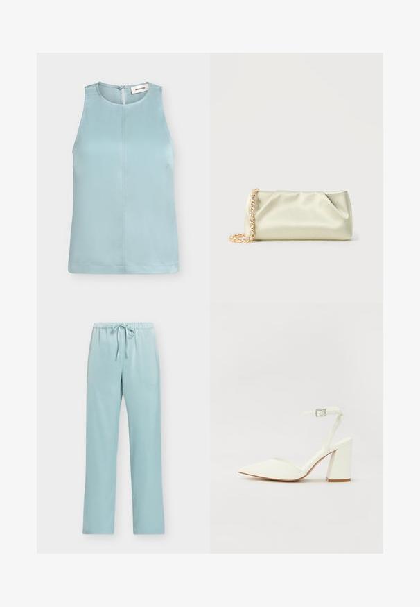 Blouse bleu clair sans manches avec col rond et fermeture boutonnée à l'arrière, avec une couture centrale à l'avant.; Pantalon bleu clair à taille élastique avec cordon, jambes droites et sans poches visibles, présenté sur un fond uni.; Sandale blanche à talon avec un bout pointu, sangle de cheville réglable et un talon carré épais. Texture lisse avec des détails de couture minimaux.; Pochette en satin vert clair avec une bandoulière chaîne en or et cristaux, forme rectangulaire avec des plis doux sur un fond uni.