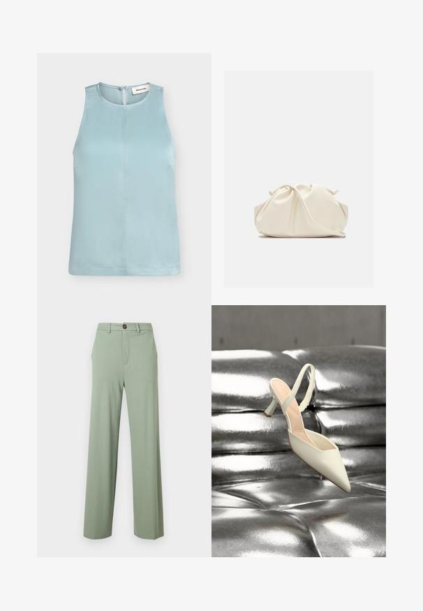 Blouse bleu clair sans manches avec col rond et fermeture boutonnée à l'arrière, avec une couture centrale à l'avant.; Pantalon vert clair à jambe droite avec passants de ceinture, poches latérales et fermeture à bouton sur la taille.; Chaussure à talon haut blanche à bout pointu et bride arrière reposant sur une surface capitonnée argent métallique brillante.; Pochette en cuir souple couleur crème avec un design froncé et une fine bandoulière reposant à l’avant sur un fond uni.