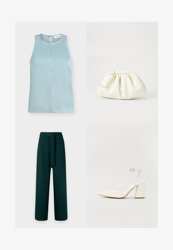 Blouse bleu clair sans manches avec col rond et fermeture boutonnée à l'arrière, avec une couture centrale à l'avant.; Pantalon vert à coupe large, avec passants de ceinture, ceinture en tissu nouée et texture lisse ; présente une taille haute et aucun motif visible.; Sandale blanche à talon avec un bout pointu, sangle de cheville réglable et un talon carré épais. Texture lisse avec des détails de couture minimaux.; Sac à main en cuir blanc avec un design plissé, doté d'une bandoulière en chaîne dorée et d'une forme arrondie. Texture lisse avec des plis doux et sans motifs.