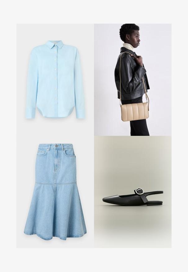 Lichtblauw overhemd met lange mouwen, een kraag, een afgeronde zoom en vijf knopen aan de voorkant; gemaakt van gladde, lichte stof.; Lichtblauwe denim rok met een uitlopende onderkant, voorzien van een getailleerde taille, zakken en subtiele stikdetails.; Zwarte puntschoen met lage hak en zilveren gesp, slingback model op een neutrale achtergrond.; Beige leren crossbody tas met een gequilt ontwerp, rechthoekige vorm, dunne schouderband en zilverkleurige hardware, gedragen door een persoon in een zwarte jas.