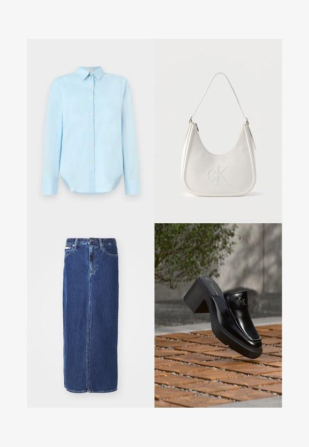 Camisa de botón azul claro con mangas largas, cuello, dobladillo redondeado y cinco botones frontales; hecha de una tela suave y liviana.; Falda de mezclilla en azul oscuro, a la altura de la rodilla, con una abertura frontal, cinturilla tradicional y diseño de cinco bolsillos con costuras en contraste.; Mule tipo slip-on de cuero negro de Calvin Klein con tacón de bloque descansando sobre baldosas de madera al aire libre cerca de una planta verde y una pared gris.; Bolso de hombro de cuero blanco con cierre de cremallera, forma curva y logo CK en relieve en la parte delantera.