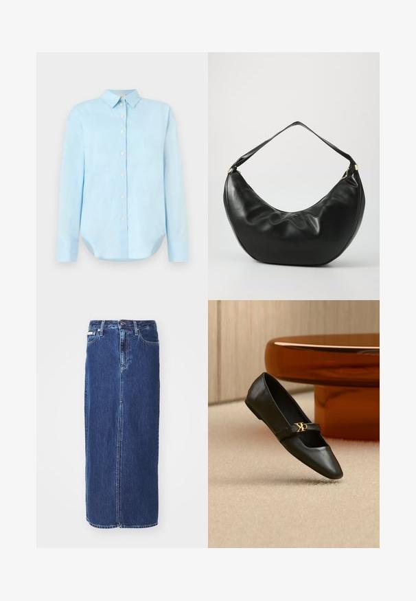 Lysblå skjorte med knapper foran, lange ærmer, krave, afrundet kant og fem knapper foran; lavet af glat, letvægtsstof.; Mørkeblå denimnederdel, knælang, med slidse foran, traditionel talje og fem-lommes design med kontrasterende syninger.; Sort læder flad sko med spids tå og gyldent CK-logo på rem, placeret på beige tæppe nær et rundt ravbrunt bord.; Sort læder skuldertaske med en buet form, blød tekstur og en enkelt rem; har en guldbeslået lynlås og diskret branding.