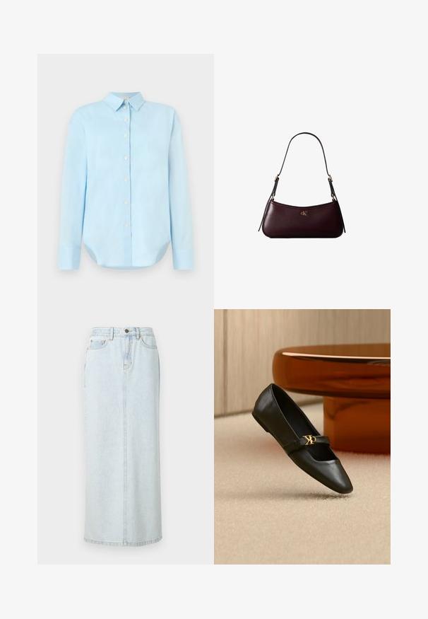 Lysblå skjorte med knapper foran, lange ærmer, krave, afrundet kant og fem knapper foran; lavet af glat, letvægtsstof.; Lyseblå denim maxi-nederdel med lige design, frontknaplukning og synlige syninger. Har to frontlommer.; Sort læder flad sko med spids tå og gyldent CK-logo på rem, placeret på beige tæppe nær et rundt ravbrunt bord.; Mørk bordeaux læderhåndtaske med en tynd sort skulderrem og lille gyldent "cK" logo foran i midten.