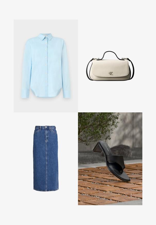 Lysblå skjorte med knapper foran, lange ærmer, krave, afrundet kant og fem knapper foran; lavet af glat, letvægtsstof.; Denim midi nederdel i mellemblå med lige snit, forkant knaplukning, to sidelommer og synlige sømme for struktur.; Sort Calvin Klein hælet sandal med tå-loop på trægulv udendørs nær et træ og en stenmur.; Cremefarvet rektangulær håndtaske med sort rem og håndtag, foran klaplukning samt lille sølvfarvet "cK" logo midt foran.