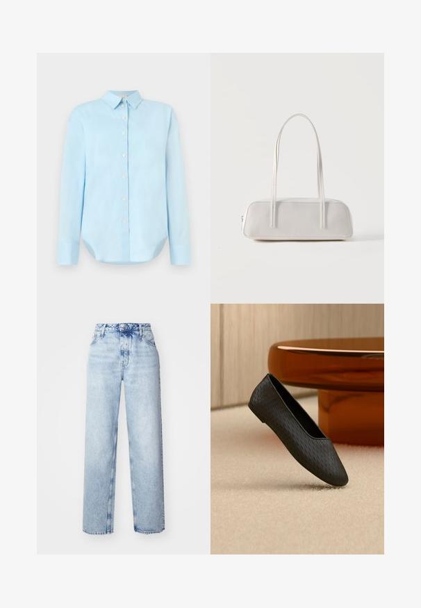Camisa de botón azul claro con mangas largas, cuello, dobladillo redondeado y cinco botones frontales; hecha de una tela suave y liviana.; Jeans de tiro alto color azul claro con un corte holgado, que cuentan con piernas rectas, cinco bolsillos y un cierre clásico de botones y cremallera.; Zapato plano negro texturizado tipo slip-on flotando sobre una alfombra beige cerca de una base de mesa redonda de color ámbar.; Bolso de hombro rectangular blanco con correas largas y delgadas, costuras mínimas y cierre de cremallera sobre un fondo liso.