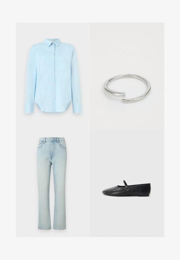 Camisa de botón azul claro con mangas largas, cuello, dobladillo redondeado y cinco botones frontales; hecha de una tela suave y liviana.; Vaqueros azul claro de tiro alto y pierna recta con botón frontal, trabillas para cinturón y diseño clásico de cinco bolsillos sobre un fondo liso.; Bailarinas de cuero negro con punta afilada, suela plana y una pequeña correa con detalle de hebilla plateada.; Calvin Klein SPIRAL - Pulsera - silver-coloured