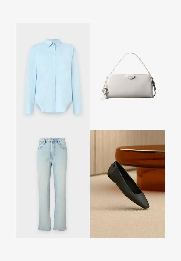 Camisa de botón azul claro con mangas largas, cuello, dobladillo redondeado y cinco botones frontales; hecha de una tela suave y liviana.; Vaqueros azul claro de tiro alto y pierna recta con botón frontal, trabillas para cinturón y diseño clásico de cinco bolsillos sobre un fondo liso.; Zapato plano negro de punta afilada descansando sobre una alfombra beige cerca de una mesa redonda de color ámbar en un entorno de habitación minimalista.; Bolso rectangular blanco de Calvin Klein con un solo asa, diseño minimalista y borlas decorativas con un charm metálico geométrico en el lateral.