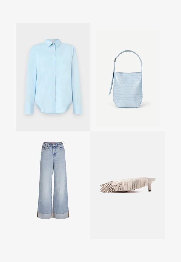 Camisa de botón azul claro con mangas largas, cuello, dobladillo redondeado y cinco botones frontales; hecha de una tela suave y liviana.; Vaqueros de pierna ancha de color azul claro con cintura alta, dobladillos deshilachados y detalles de costura en contraste, fabricados en tejido de mezclilla.; Mule de ante beige con tacón bajo tipo gatito y flecos en capas que cubren la parte superior, mostrada de perfil sobre un fondo blanco.; Bolso de mano azul claro con textura de cocodrilo, forma rectangular, asa superior única y una correa colgante lateral sobre un fondo blanco liso.