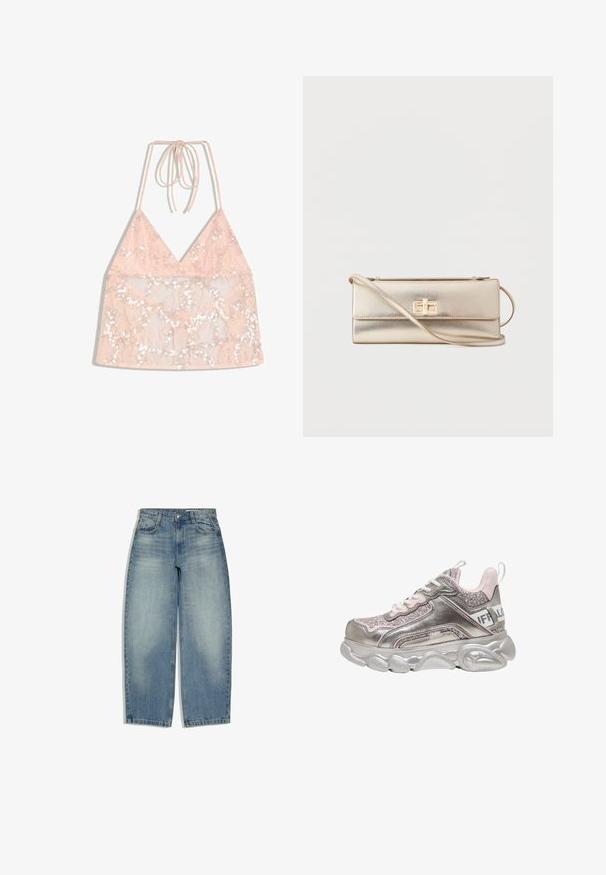 Haut dos nu rose clair en dentelle avec des sequins blancs, doté de fines bretelles à nouer autour du cou et d'un décolleté en V.; Jean en denim bleu clair avec une taille haute, des jambes larges, des poches avant et une fermeture par bouton et zip, posé à plat sur un fond blanc.; Baskets épaisses argentées métalliques et roses avec des panneaux pailletés, des lacets blancs, une semelle épaisse sculptée et une bride de talon marquée.; Pochette rectangulaire métallique dorée avec une bandoulière enveloppante et une fermeture tourniquet rectangulaire dorée sur le rabat avant.