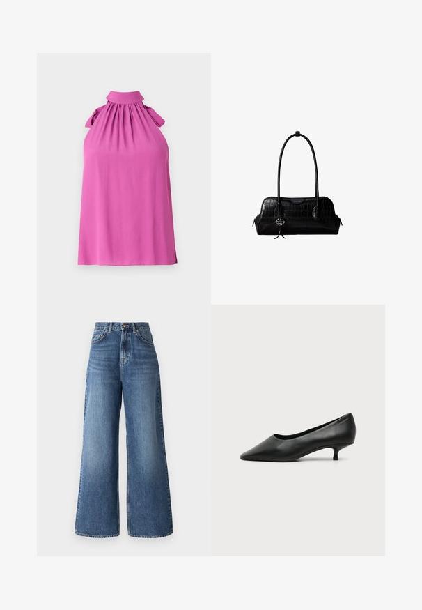 Top sin mangas en un vibrante color rosa con un cuello alto, escote fruncido y acentos de lazo en los hombros, hecho de una tela suave.; Jeans de pierna ancha de talle alto, fabricados en denim de un azul claro, con un diseño clásico de cinco bolsillos y un sutil desvanecimiento a lo largo de las piernas.; Zapato de mujer negro de cuero con tacón bajo, puntera puntiaguda y pequeño tacón kitten sobre fondo claro liso.; Bolso de hombro negro de cuero con textura de cocodrilo, con correas largas y un pequeño colgante de logo plateado en una correa.