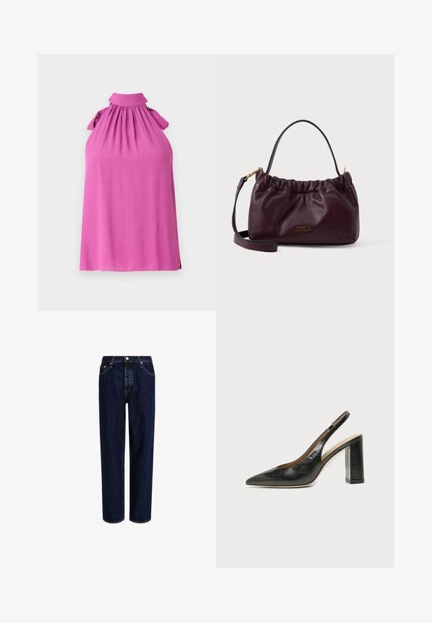 Top sin mangas en un vibrante color rosa con un cuello alto, escote fruncido y acentos de lazo en los hombros, hecho de una tela suave.; Jeans de mezclilla azul oscuro con un diseño de pierna recta, que presentan una cintura alta, estilo de cinco bolsillos y costuras en contraste. Sin adornos.; Zapato slingback de piel negra con puntera puntiaguda, tacón alto y ancho, y forro interior beige sobre un fondo claro y liso.; Bolso de cuero burdeos con diseño fruncido, acabados en dorado y correa desmontable; presenta un detalle con el logotipo en la parte frontal.